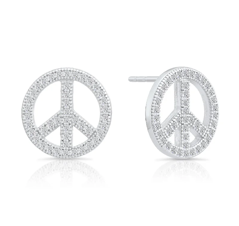 CZ Small Open Peace Sign Stud Earrings in Sterling Silver