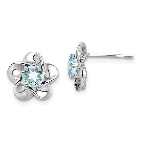 Sterling Silver Aquamarine Flower Birthstone Stud Post Earrings