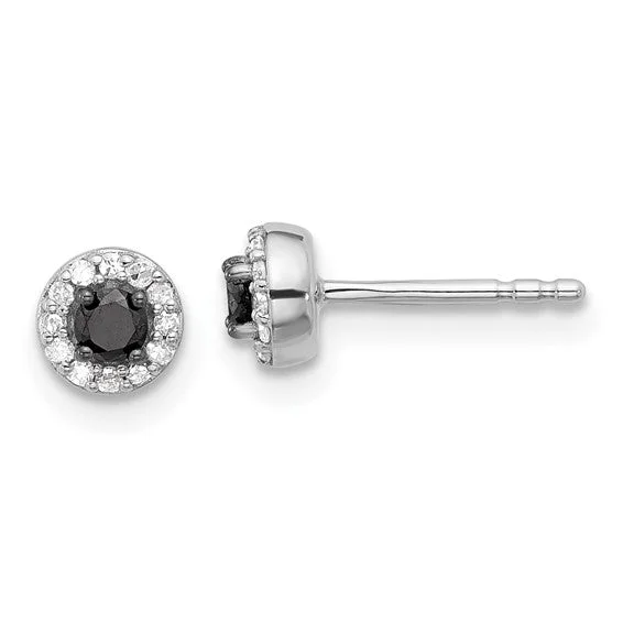 Sterling Silver 5mm Round Black & White Diamond Halo Stud Earrings