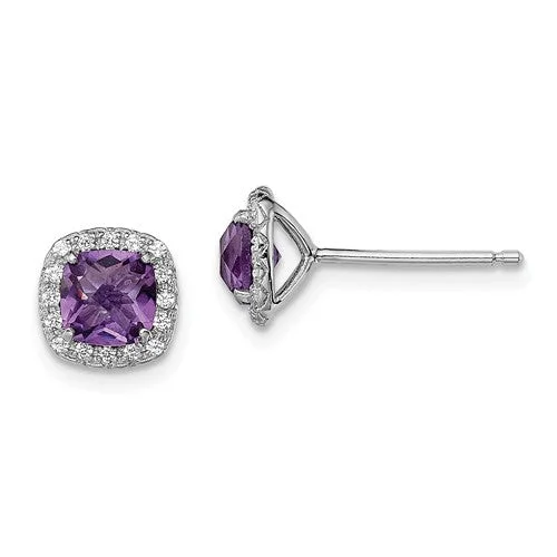 Sterling Silver Cushion Amethyst & Created White Sapphire Halo Earrings