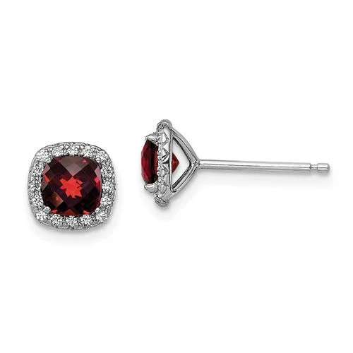 Sterling Silver Cushion Garnet & Created White Sapphire Halo Earrings