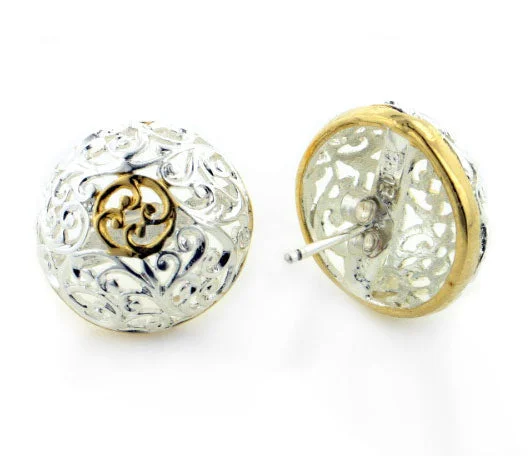 Sterling Silver Filigree Domed Two-Tone Round Button Earrings