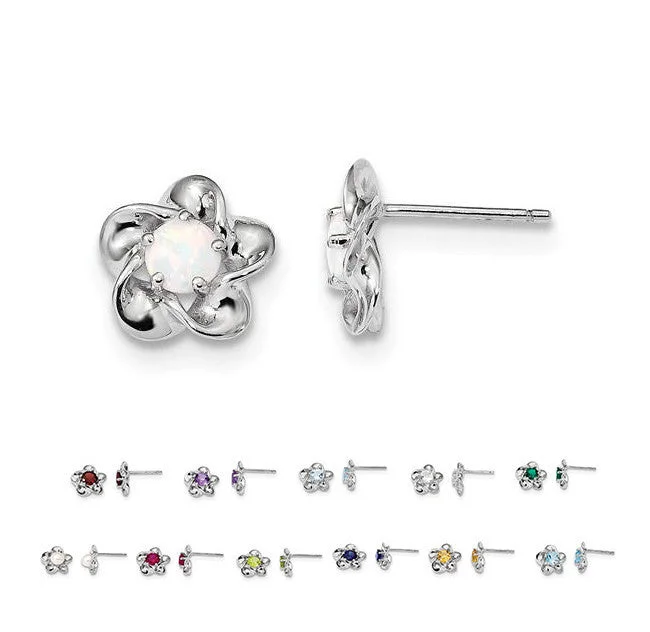 Sterling Silver 15mm Flower Birthstone Stud Post Earrings