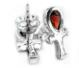 Sterling Silver Garnet Egyptian Ankh Life Stud Earrings