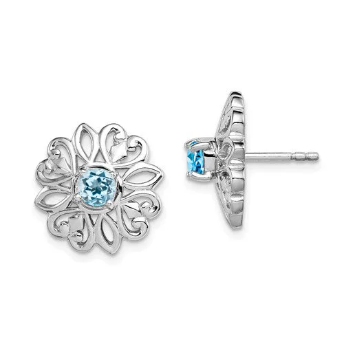 Sterling Silver Sky Blue Topaz Filigree Flower Stud Jacket Earrings