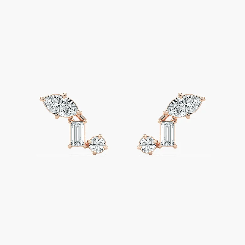 Three-Stone Stud Earrings - Marquise, Baguette and Round