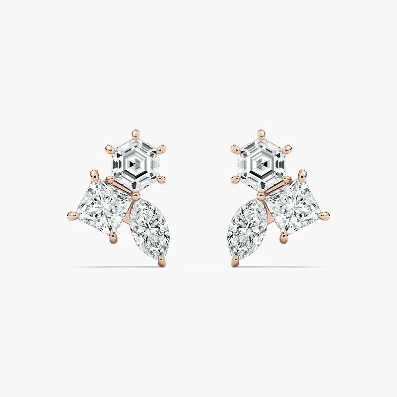 Three Stone Stud Lab Grown Diamond Earrings - Hexagon, Marquise And Lozenge