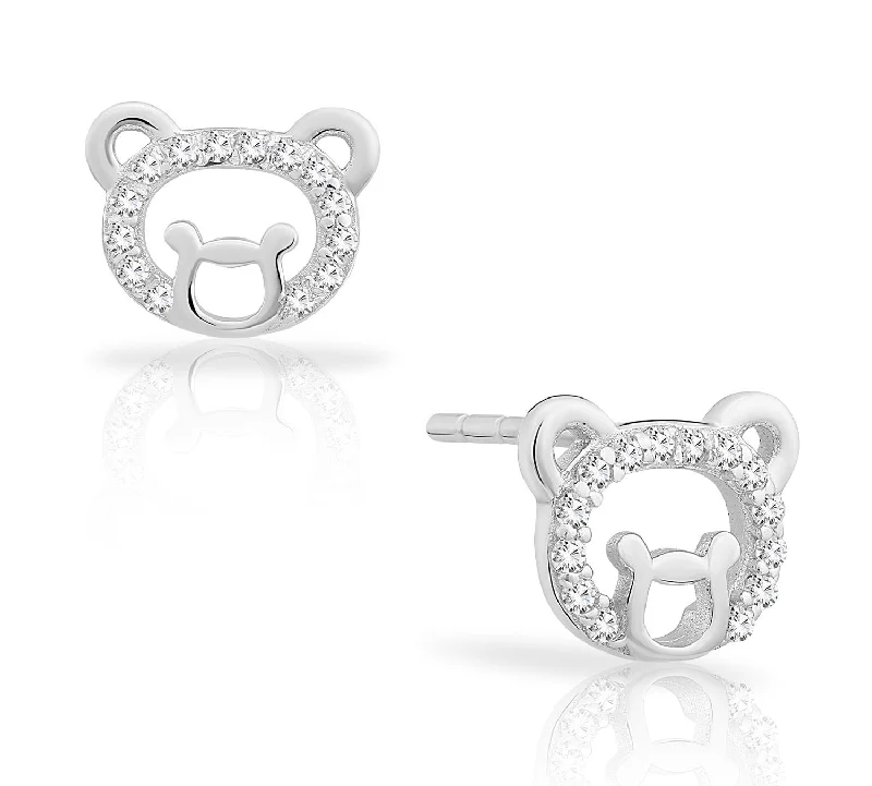 CZ Small Bear Face Stud Earrings in Sterling Silver