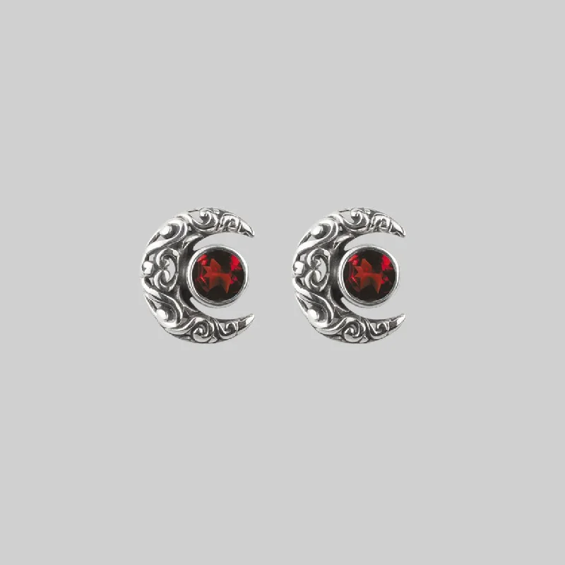 WISDOM. Silver Moon Crescent Earrings - Garnet