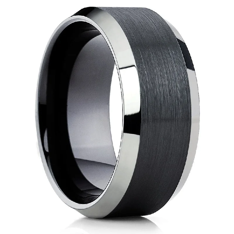 10Mm Black Tungsten Wedding Ring Silver Comfort Fit Cobalt Free Band Size 713