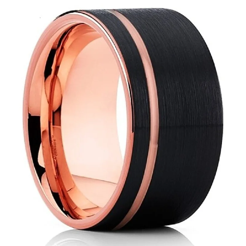 12Mm Black Tungsten Carbide Wedding Ring Comfort Fit Rose Gold Plated Size 713