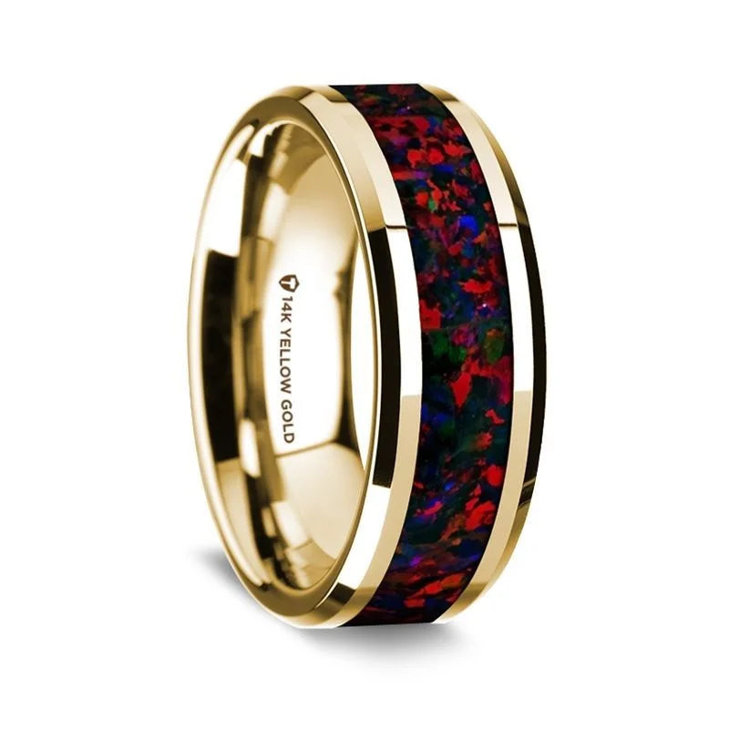 Thorsten 14K Yellow Gold Polished Beveled Edges Wedding Ring with Black and Red Opal Inlay - 8 mm