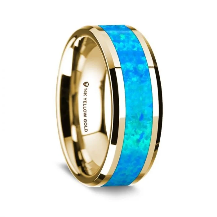 Thorsten 14K Yellow Gold Polished Beveled Edges Wedding Ring with Blue Opal Inlay - 8 mm