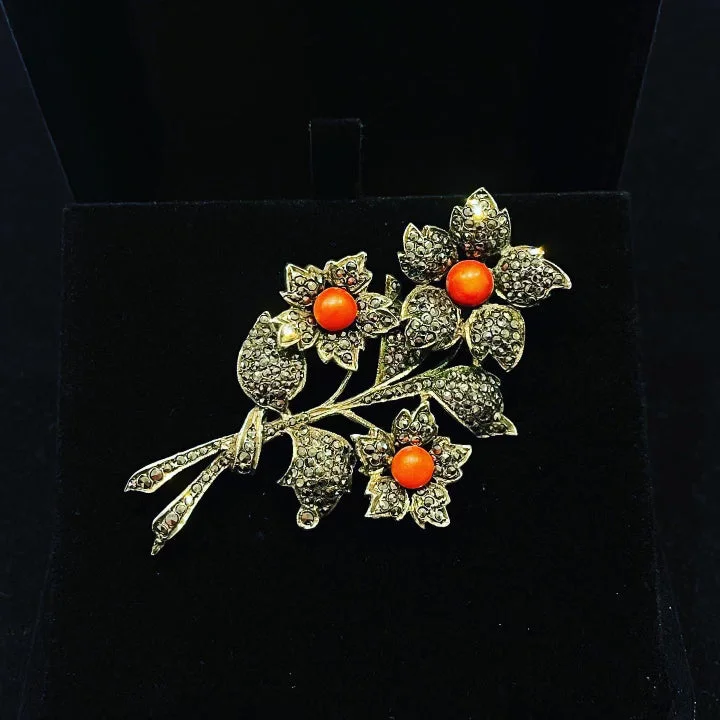 Victorian French Coral Flower Brooch