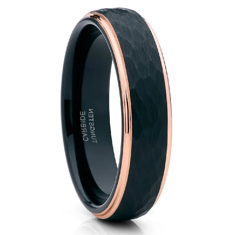 6Mm Black Tungsten Carbide Wedding Ring Rose Gold Comfort Fit Hammered