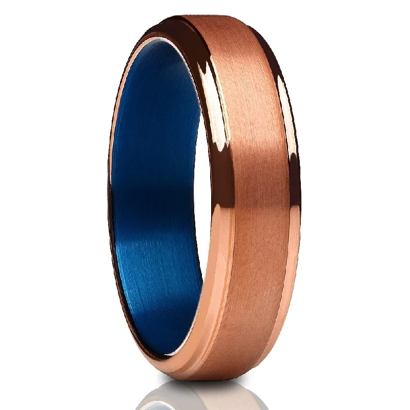 6Mm Rose Gold Tungsten Wedding Ring Blue Comfort Fit Jewelry