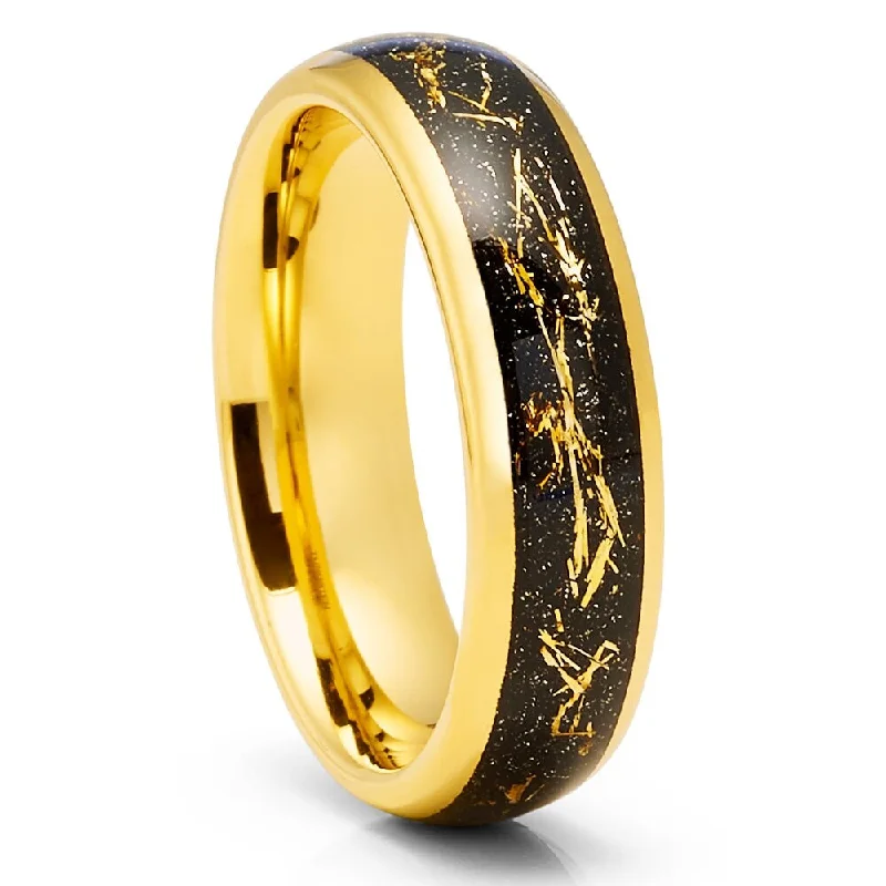 6Mm Yellow Gold Tungsten Carbide Wedding Ring With Meteorite Inlay Comfort Fit