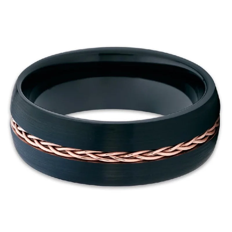 8Mm Black Tungsten Carbide Ring Rose Gold Braid Comfort Fit