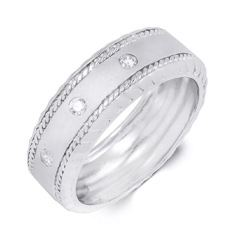 8mm Sterling Silver 0.10 Carat Comfort Fit Mens Wedding Band Ring