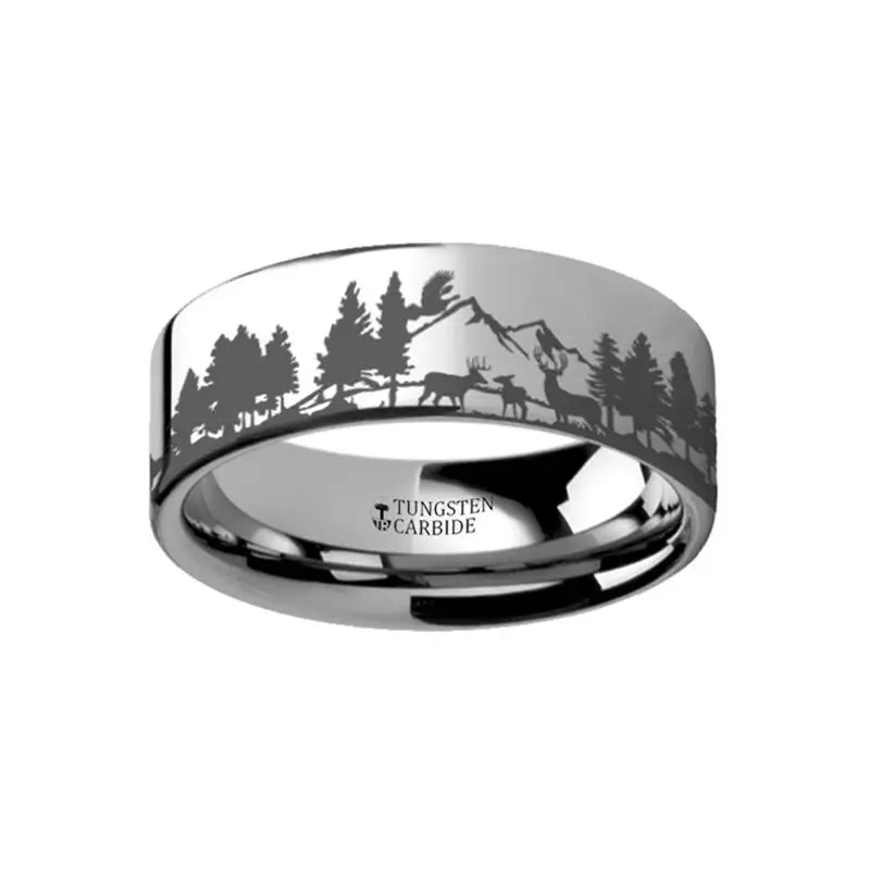 Thorsten Animal Landscape Scene Reindeer Deer Stag Mountain Range Ring Engraved Flat Tungsten Ring - 4mm - 12mm