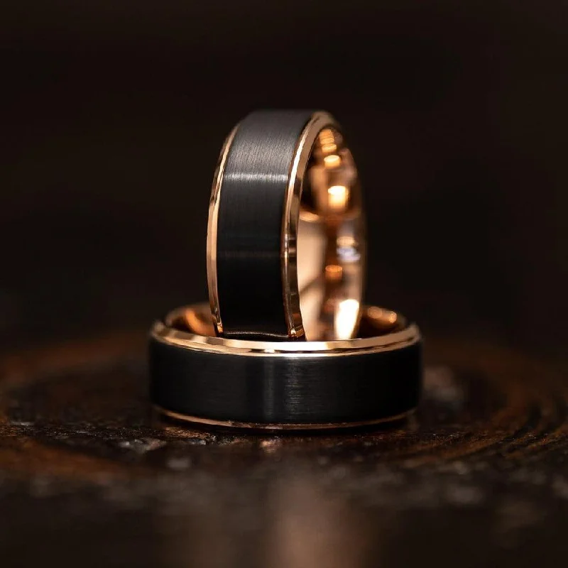 "Apollo" Tungsten Carbide Ring- Black w/ Rose Gold Strip- 8mm