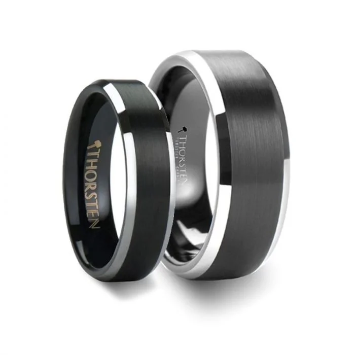 Thorsten ASTON Black Brushed Center Tungsten Ring with Polished Beveled Edges - 4mm - 10mm