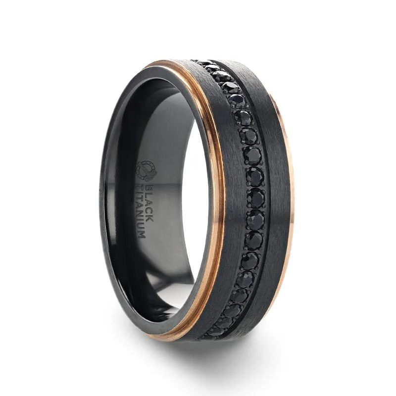 Thorsten ASTRO Flat Brushed Black Titanium Ring Rose Gold Edge and Black Sapphire