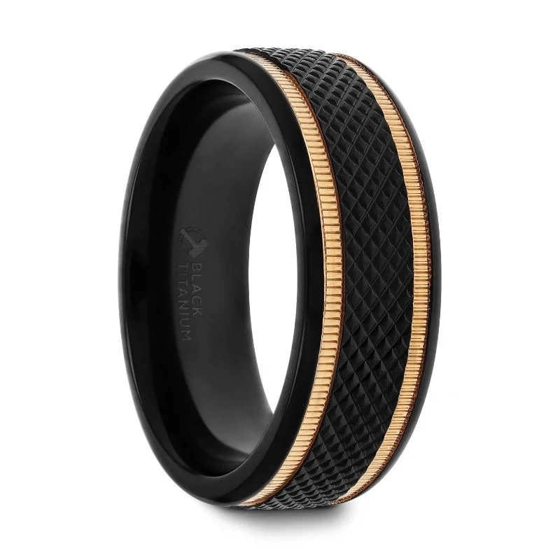 Thorsten BAROQUE Black Titanium Diamond Pattern Brushed Finish Men’s Wedding Ring with Gold Milgrain Grooves – 8mm