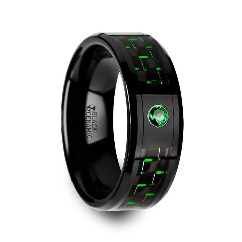 Thorsten HADAR Black Ceramic Ring Black and Green Carbon Fiber Emerald Setting - 8mm