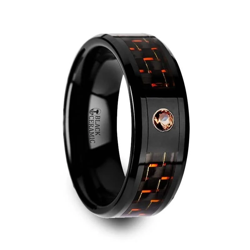 Thorsten HELSING Black Ceramic Ring Black Orange Carbon Fiber Padparadscha Sapphire Setting - 8mm