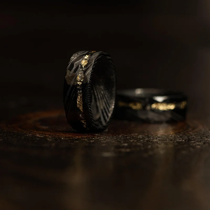 Black Hammered Flat "Poseidon" Meteorite/Gold Leaf Inlay- Steel Ring