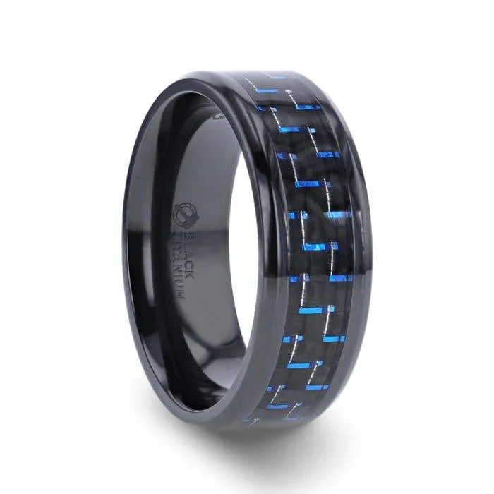 Thorsten ZAYDEN Black Titanium Ring with Blue & Black Carbon Fiber Inlay and Bevels - 8mm