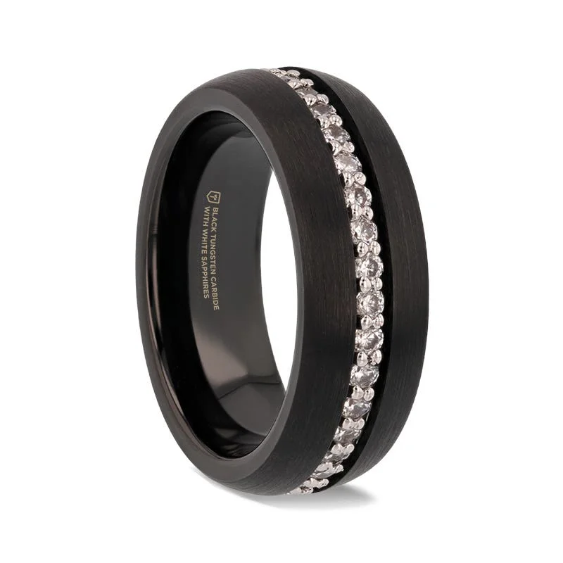 Thorsten TSAR Black Tungsten Carbide Ring Domed Brushed Finish White Sapphires - 8mm