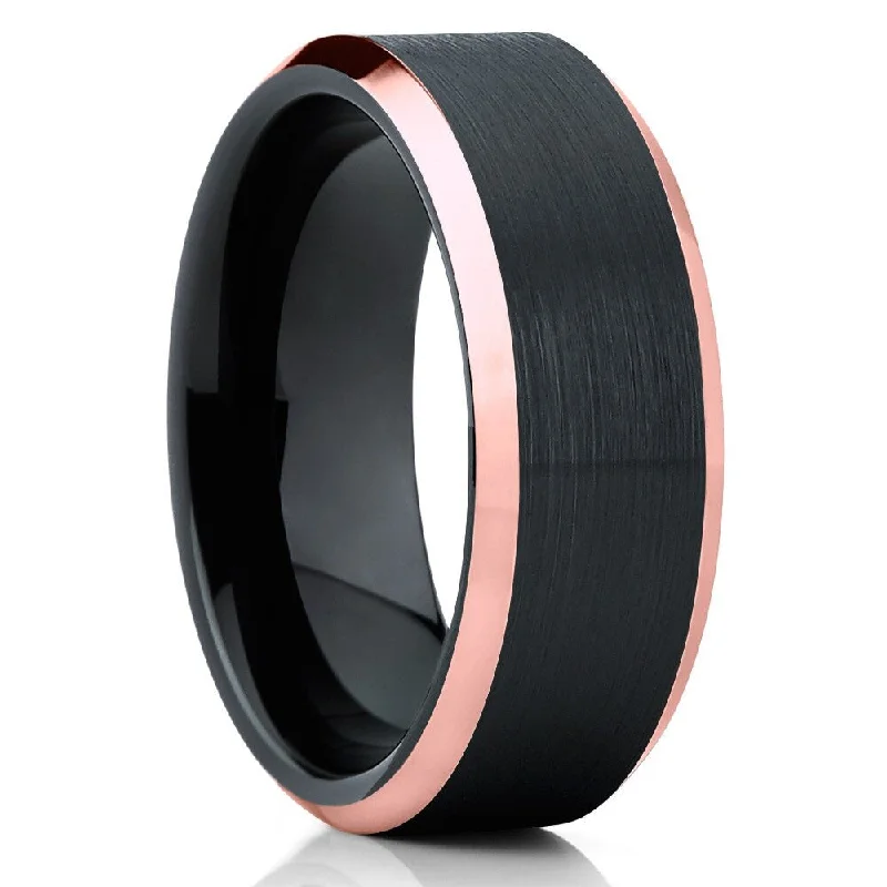 Black Tungsten Carbide Wedding Ring 8Mm Rose Gold Ip Beveled Edge Comfort Fit