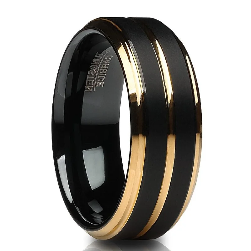 Black Tungsten Carbide Wedding Ring 8Mm Yellow Gold Comfort Fit Sizes 715