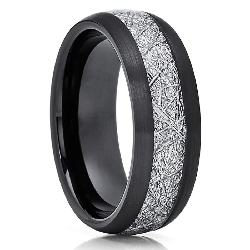 Black Tungsten Ring 8Mm Wedding Ring With Meteorite Inlay Comfort Fit Cobalt Free