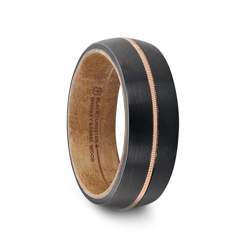 Thorsten CHORDAL Black Tungsten Ring with Brass Guitar String and Whiskey Barrel Inner Sleeve - 8mm