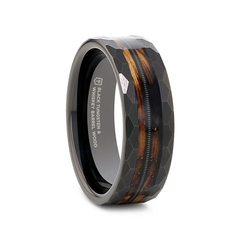 Thorsten RIFF Black Tungsten Ring with Charred Whiskey Barrel and Guitar String - 8mm