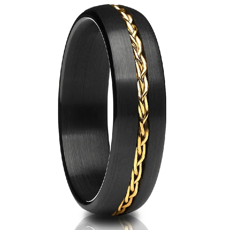 Black Tungsten Wedding Ring 6Mm Comfort Fit Brushed Yellow Gold Plated