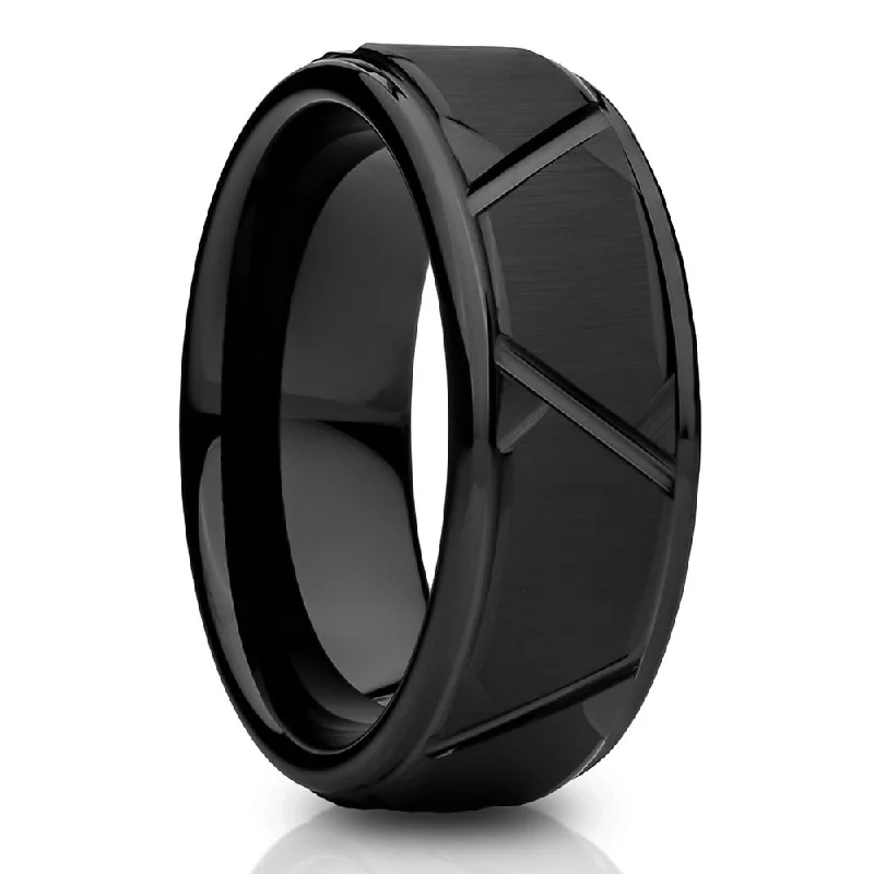 Black Tungsten Wedding Ring 8Mm Comfort Fit Diamond Cut Sizes 715