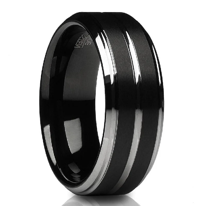 Black Tungsten Wedding Ring 8Mm Comfort Fit Silver Center Brush Finish