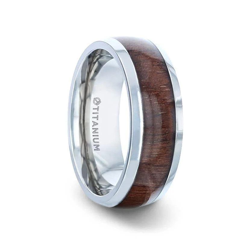 Thorsten CARY Black Walnut Wood Inlaid Titanium Domed Polished Finish Men's Wedding Ring With Beveled Edges - 8mm