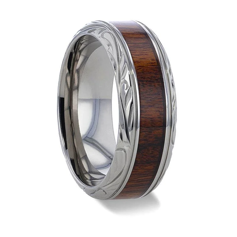 Thorsten KRAFT Black Walnut Wood Inlay Detailed Beveled Edges Titanium Polished Wedding Ring - 8mm