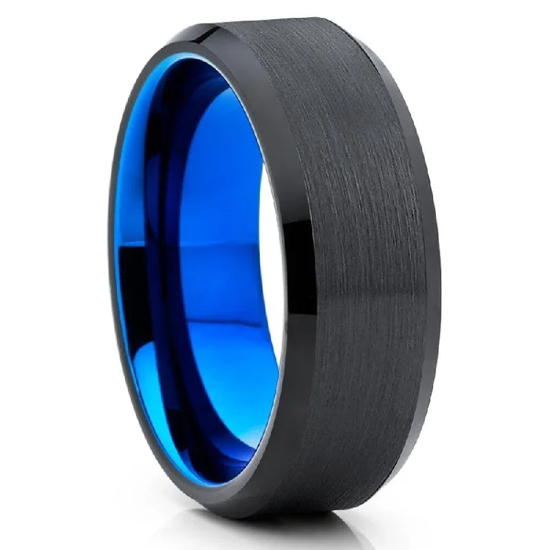 Blue Black Tungsten Carbide Wedding Ring 8Mm Comfort Fit Two Tone