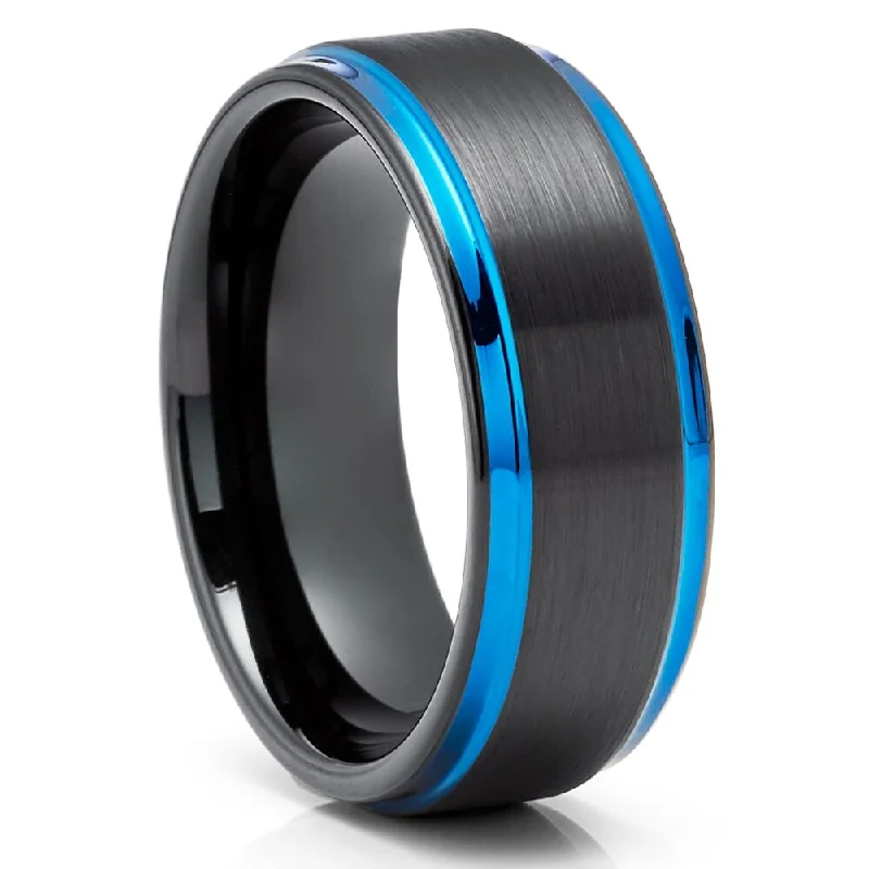 Blue Black Tungsten Wedding Ring 8Mm Two Tone Cobalt Free Comfort Fit Size 715