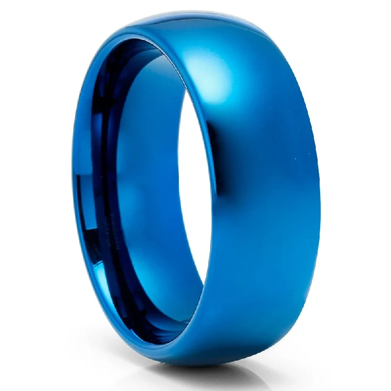 Blue Tungsten Carbide Wedding Ring 8Mm Shiny Comfort Fit Ring