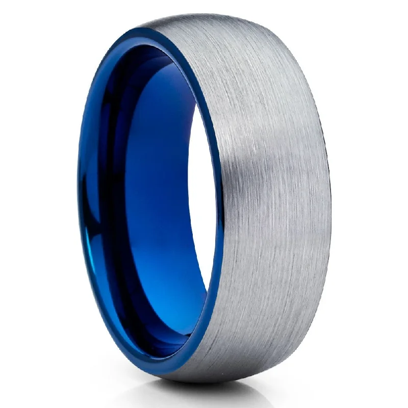 Blue Tungsten Wedding Ring 8Mm Tungsten Carbide Silver Comfort Fit