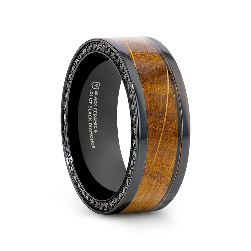 Thorsten BOURBON Black Zirconium Ring with Whiskey Barrel Wood Inlay and Black Sapphires - 8mm