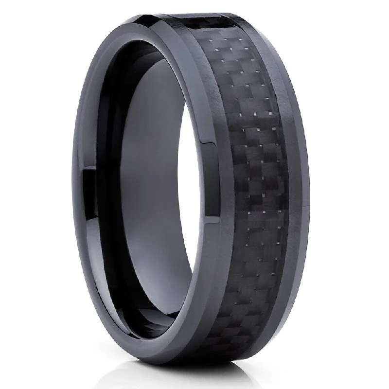 Carbon Fiber Black Tungsten Wedding Ring 8Mm Comfort Fit Sizes 715