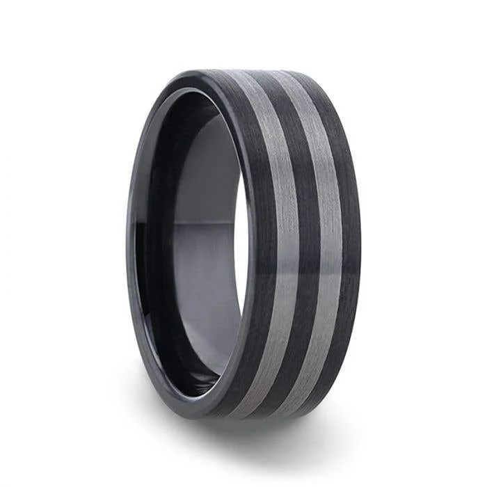 Thorsten BETA Ceramic ring with Tungsten Inlay With Flat Brushed Edges - 8mm